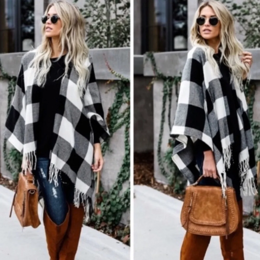 LAST 1! 5 Star Rated! New Cozy Soft Chic Plaid Fringe Poncho Ruana - Picture 6 of 11